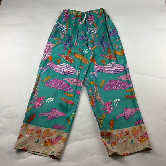 Ken Done Wearable Art Bright Turquoise Fish Print Silk Lounge Pant L - Picture 1 of 7